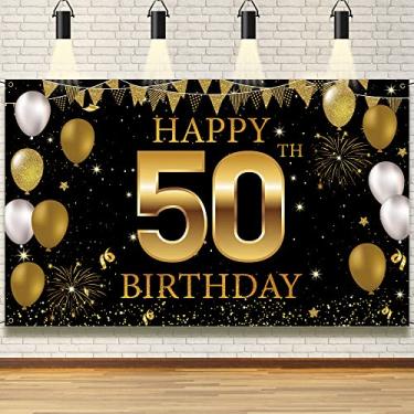 Imagem de Banner de pano de fundo para decorações de aniversário de 50 anos, decorações de feliz aniversário de 50 anos para homens e mulheres, adereços de cabine de fotos para festa de aniversário de 50 anos, placa de aniversário de 50 anos para uso externo interno, tecido vicicaty