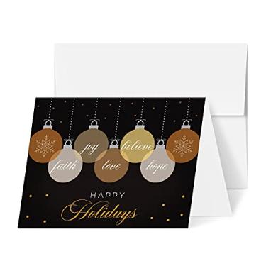 Imagem de Happy Holidays 2022 – Love, Faith, Hope, Joy, Believe Elegant Black and Gold Holiday Greetings, Convites e Cartões de agradecimento | 10 x 14 cm (tamanho A2) | 25 cartões e 25 envelopes