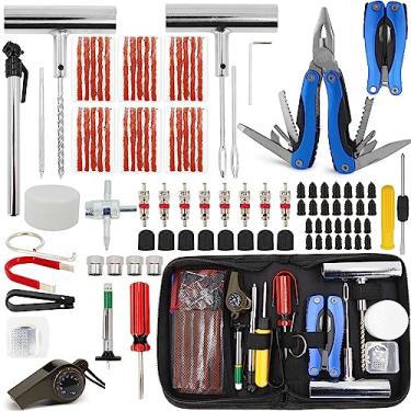 Imagem de URMECCH 94 peças de ferramentas de reparo de pneus planos resistentes com plugues e cola, reparo de perfuração de caminhonete, parafusos de pregos de vácuo de motocicleta, ferramenta de emergência de carro com alicate multifuncional, medidor de profundidade de piso de pneu