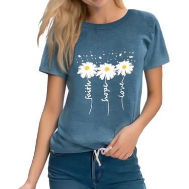 Imagem de Camiseta feminina com estampa de dente-de-leão margarida flor Faith Hope Love camiseta manga curta casual cristã, Azul, XXG