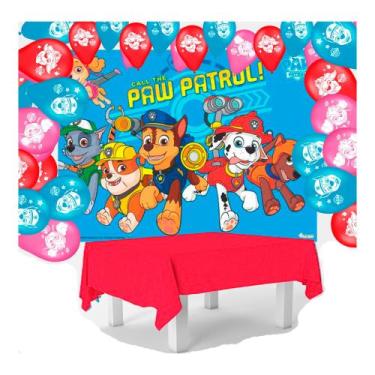 Imagem de Kit festa Patrulha Canina Toalha Vermelha + 25 balões N9 + Painel GG -