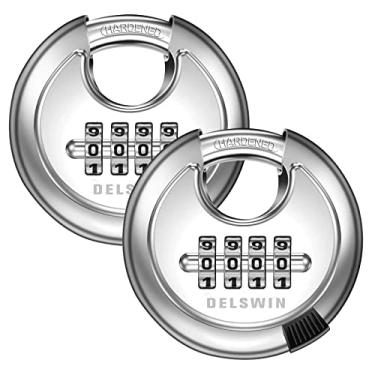 Imagem de DELSWIN Cadeado de disco com combinação de 4 dígitos com manilha de aço endurecido combo trava de portão para galpões, unidade de armazenamento, garagem, cerca, língua de reboque (2 peças)