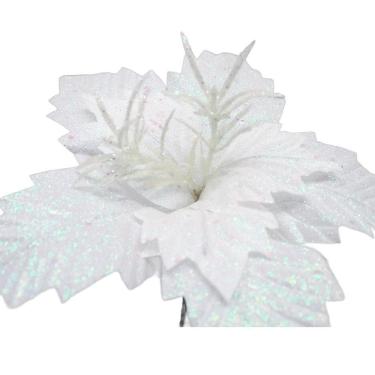 Imagem de Kit 12 Flores Artificial Gliter Enfeite Branco Natalino 25cm