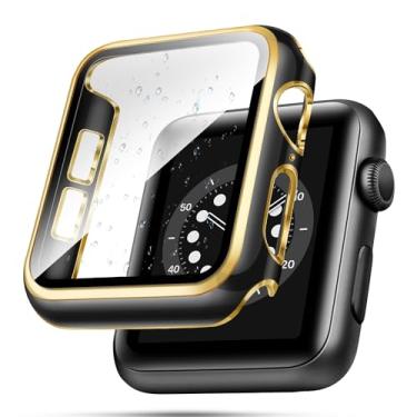 Imagem de top4cus Capa de 41 mm compatível com Apple Watch, com protetor de tela de vidro temperado integrado, capa de PC para iWatch séries 9/8/7/SE 2rd SE 6 5 4/3 2 para escolha (41 mm, preto + borda dourada)