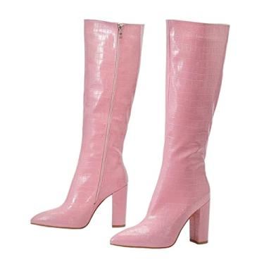 Imagem de Botas pretas de qualidade até o joelho botas femininas com zíper salto alto quadrado pontiagudo(Pink with zipper,41EU)