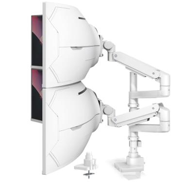 Imagem de Braço de monitor duplo resistente para telas de 17 a 57 polegadas - Suporte de monitor duplo vertical ultrawide, suporte de mesa para monitor duplo empilhado totalmente ajustável, carga máxima de 20