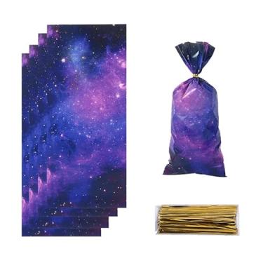 Imagem de Sacos de petisco para galáxia do espaço sideral, 100 peças, céu noturno estrelado, sistema solar, planeta, festa, celofane, presente de plástico, sacos de doces com laços torcidos transparentes para
