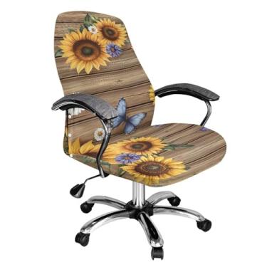 Imagem de Talayituse Capa de cadeira de escritório com estampa de margarida e borboleta de girassol, capa de cadeira de escritório extensível, jacquard grosso, xadrez, encosto alto, capa universal giratória