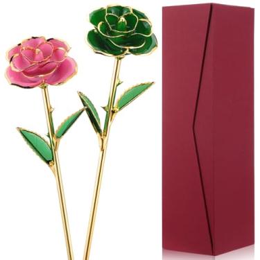 Imagem de Juinte 2 peças de rosas mergulhadas em ouro 24 k brindes de bruxa rosa e verde rosa real mergulhada em ouro 24k haste longa verdadeira flor eternidade com capa para o dia das mães, aniversário