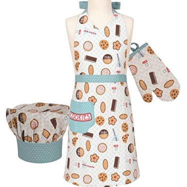 Imagem de Handstand Kitchen Conjunto de avental, luva e chapéu de chef 100% algodão para crianças Milk and Cookies