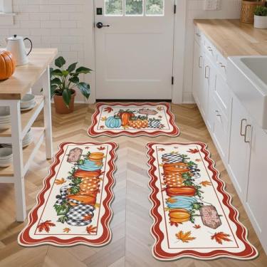 Imagem de U'Artlines Tapetes de cozinha de outono de abóbora com conjunto de 3 peças, tapetes e tapetes de colheita de fazenda, tapetes antiderrapantes laváveis recortados para decoração de pia de corredor de