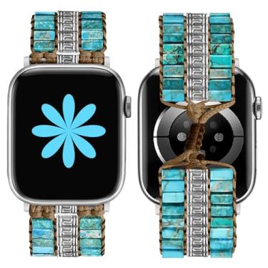 Imagem de JR.DM Pulseira feminina de pedra natural com contas Boho compatível com Apple Watch séries 10/9/8/7/6/44/45/46/49 mm, feita à mão para Apple Watch séries 10/9/8/7/6/5/4/3/2/1/SE, azul turquesa