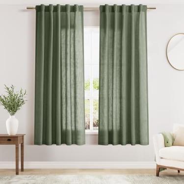 Imagem de Cortinas transparentes de linho verde-oliva 153 cm de comprimento, conjunto de 2 painéis, bolso traseiro para varão, semitransparente, filtragem de luz, respirabilidade, estilo country para cortinas