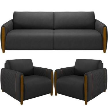 Imagem de Kit Sofá 2 Lugares 168Cm Com 02 Poltronas Flora M03 Preto - LYAM DECOR