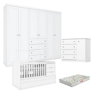 Imagem de Quarto Infantil 6 Portas Americano Com Berço Multifuncional Cleo Branc