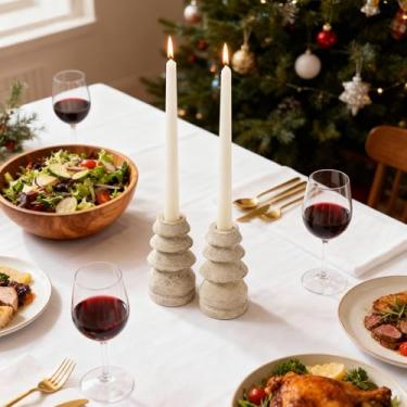 Imagem de WORHE Conjunto de 2 castiçais de mármore - Castiçal de pedra natural para casamento, mesa de jantar, centro de mesa de festa - Serve para velas cônicas de 0,9 cm de espessura com base antiderrapante