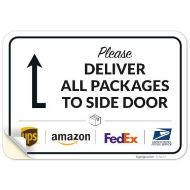 Imagem de Placa de entrega do pacote, instruções de entrega Todos os pacotes para placa de porta lateral, 25 x 18 cm, adesivos de decalque de vinil de 4 mil resistentes ao clima, feito nos EUA
