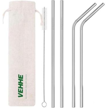 Imagem de (Silver: 2 Straight + 2 Bent + 1 Brush) - VEHHE Metal Straws Stainless Steel Straws Drinking Straws Reusable - 27cm Ultra Long 4 + 1 - W/Cleaning Brush for 590ml for Yeti RTIC SIC Ozark Trail Tumblers (2 Straight 2 Bent 1 Brush)