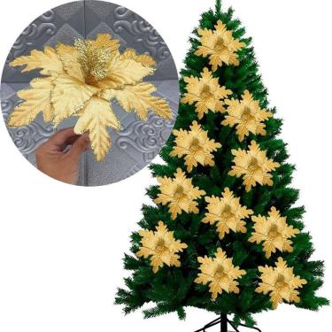Imagem de Flores Ramos Arranjo Enfeite Natalino Dourado 20cm Kit 12pçs
