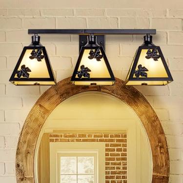 Imagem de TOCHIC Luminárias de banheiro rústicas, luz de vaidade de casa de fazenda de 3 luzes sobre o espelho, arandelas de parede pretas com folhas de bordo, lâmpada de parede regulável para armários, lavabo