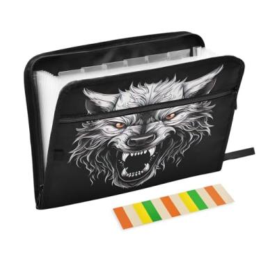 Imagem de Wassud Pasta organizadora de arquivos de papel A4 com cabeça de lobo com etiquetas, pasta de arquivo expansível, 13 bolsos