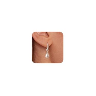 Imagem de Brincos femininos com pingente de pérola dourada, banhados a ouro 14 K, brincos de argola pequenos, hipoalergênicos, delicados, joias de casamento, presentes para mulheres, modernos, Prata esterlina,