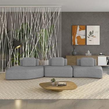 Imagem de Sofá Ilha Sala de Estar Dakota 3 Módulos 484cm Encostos Almofadas Soltas Bouclê Rústico Cinza G33 - Gran Belo