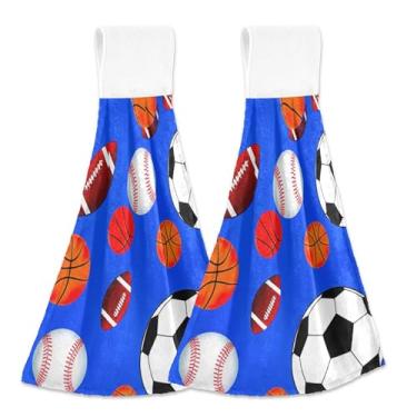 Imagem de Bolas Esportivas Bolas de Futebol Toalhas de Mão Azul com Laço Pendurado Absorvente Forno Toalhas de Gravata Conjunto de 2, Toalhas de Casa e Cozinha Bonitas Personalizadas 47 x 35 cm