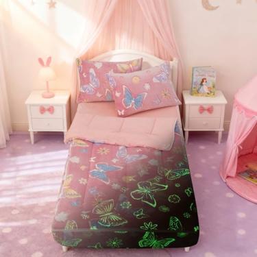 Imagem de Btargot Roupa de cama colorida com tema de borboleta, que brilha no escuro, durável, com zíper, para crianças, meninos, meninas, tamanho solteiro