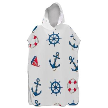 Imagem de Joisal Blue Anchors Poncho de surfe para adultos trocador de roupa de praia moletom com capuz toalha natação plus size ponchos adultos para mulheres