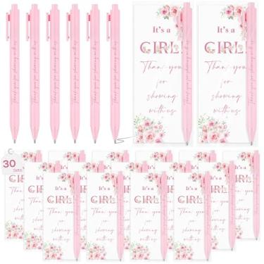 Imagem de Stuffygreenus 30 conjuntos de canetas de presente de chá de bebê para convidados It's a Girl Party Favors Caneta esferográfica retrátil com marcadores de página tinta preta revelação de gênero