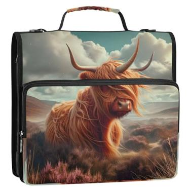 Imagem de Fichários coloridos de 3,8 cm, 3 anéis, resistente, engraçado, vaca highland, unicórnio, zíper, portfólio, comporta 500 folhas com alça de ombro para escola