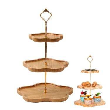 Imagem de Suporte de bandeja de bolo de 3 camadas, bandejas de decoração de metal e madeira, sobremesa, lanches, travessas de classificação de frutas, adequado para chá da tarde em casa, festa de aniversário e