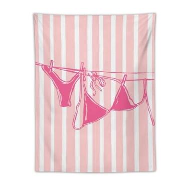 Imagem de Tapeçaria de biquíni rosa em linha minimalista arte listrada fundo listrado decoração de casa temática de praia para quarto, banheiro, vibe de verão, tapeçaria 76 x 101 cm