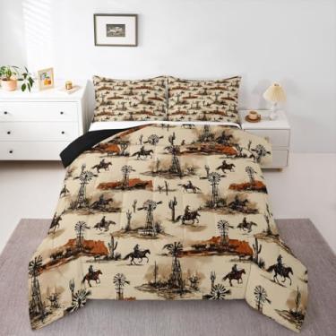 Imagem de Feelyou Conjunto de cama vintage de estilo caubói ocidental, macio, para meninos e meninas, estilo caubói do oeste, rodeio, estilo cowboy, edredom de microfibra, 3 peças com 2 fronhas