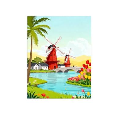 Imagem de Pôster paisagem - Rio Moinho Vento Holandês - Impressões em Tela - Imagem Moderna Natureza para Sala de Estar Decoração 30x40cm Sem Moldura