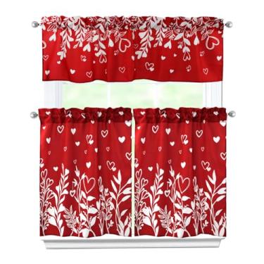 Imagem de Jztfrie Cortinas de cozinha para dia dos namorados, conjunto de 3 peças, cortinas florais, saia e camadas, cortina de janela curta de 91 cm para cozinha, casa, interior, café, sobre a pia, janela