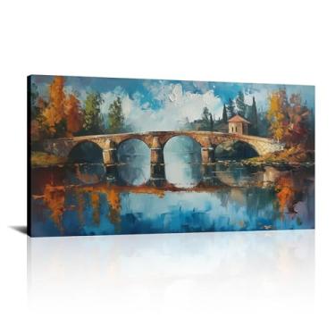 Imagem de Arte de parede retro outono paisagem ponte paisagem árvores arte arte em tela imagens abstratas para decoração de casa - (50 x 100 cm) 20 x 40 polegadas sem moldura