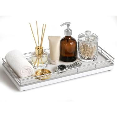 Imagem de Bandeja de banheiro para balcão – 30,5 cm x 15,2 cm Bandeja decorativa de madeira de oka para cozinha│cômoda │cafeteria│Tanque de vaso sanitário, moldura branca e prata