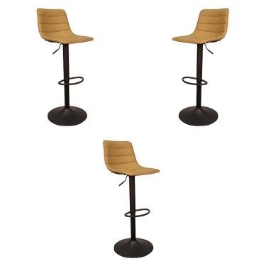Imagem de Kit 3 Banquetas Decorativas Travis PU com Regulagem de Altura Base Disco c/Apoio Para os Pés Caramelo/Preto G56 - Gran Belo
