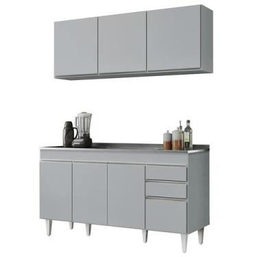 Imagem de Armário de Cozinha Aéreo Argélia e Balcão com Pia 150cm Marrocos Cinza