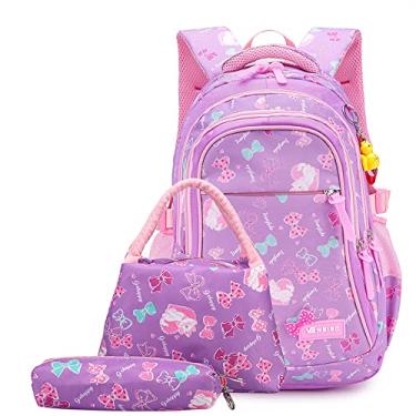 Imagem de WSLCN Conjunto de mochilas escolares bolsas de livro para escola primária com lancheira e estojo de lápis, Roxa, M, Macia
