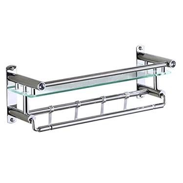 Imagem de QFFL Prateleira de vidro temperado flutuante, Prateleiras de armazenamento de chuveiro com barra de toalha e gancho, Prateleiras de aço inoxidável para banheiro, forte capacidade de carga (Tamanho : 60 cm/24 pol.)