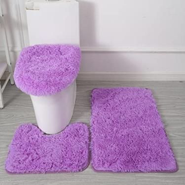 Imagem de Tapete de banho 3 peças/conjunto de pelúcia capa de banheiro almofada de pés absorvente antiderrapante capacho de banheiro de flanela macia tapete de banho, roxo