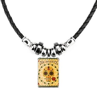 Imagem de DIYthinker Colar de caveira rosa O Dia dos Mortos México joia Torque pingente de corda de couro