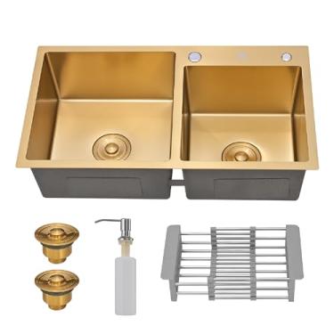 Imagem de HOLTTER Kit Cuba Dupla Gourmet Aço Inox 304 Resistente Corrosão Acompanha Cesto Escorredor Elegante Fácil Limpeza Antirruído Embutir ou Sobrepor Instalação Rápida Cozinha Ilha Espaço Gourmet (Dourada)