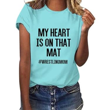 Imagem de Camiseta feminina My Heart is on That mat wrestlingmom 2024 verão casual macia com frase blusa leve, Azul-celeste, XXG