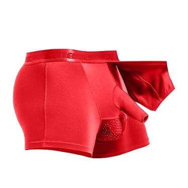 Imagem de BMYALLEI Cuecas boxer masculinas redundantes uso prepúcio frontal aberto respirável bojo cuecas boxers bolsas separadas, Vermelho, 3X-Large