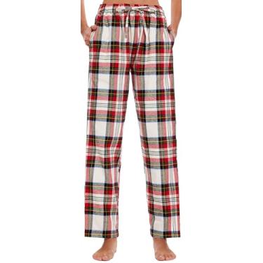 Imagem de Lavenderi Calça de pijama feminina de algodão macio, calça de pijama longa com cordão e bolsos, Xadrez vermelho e branco, G
