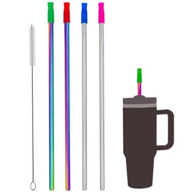 Imagem de Wobye Pacote com 4 canudos reutilizáveis de aço inoxidável para copo Stanley de 1134 g, canudos de metal extralongos de 30 cm para Stanley Quencher Copo de viagem 1,8 g 1,134 g, incluindo 1 escova de